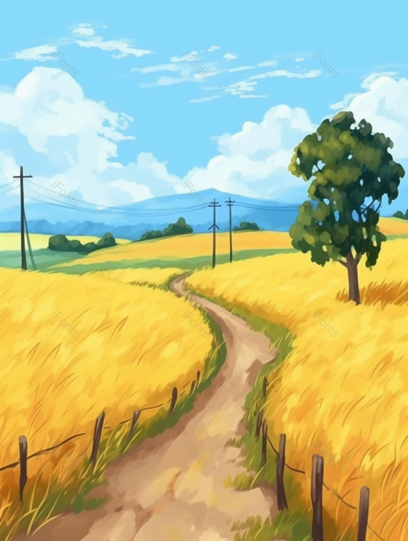 蓝天白云下的树木和成熟的麦子背景,插画/手绘图,插画/手绘图库,插画/手绘图下载,插画/手绘